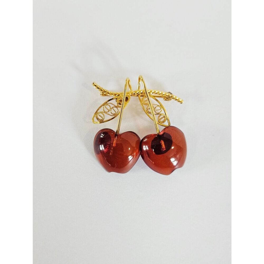 Vintage Amber Guild 12k Gold Filled Baltic Amber Cherry Heart Drop Brooch Pin